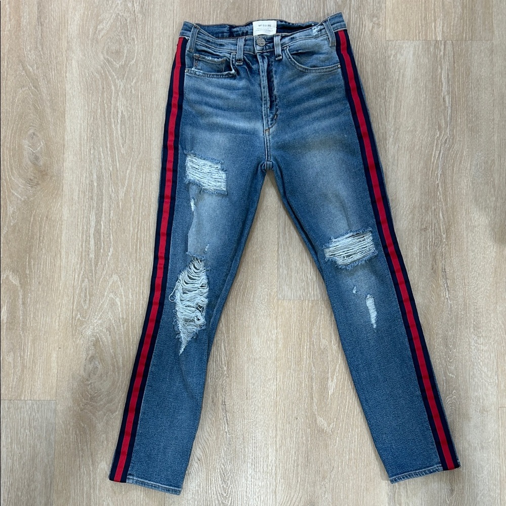 McGuire Distressed Denim Jeans Light Blue Wash Red Blue Stripe Women’s Size 27